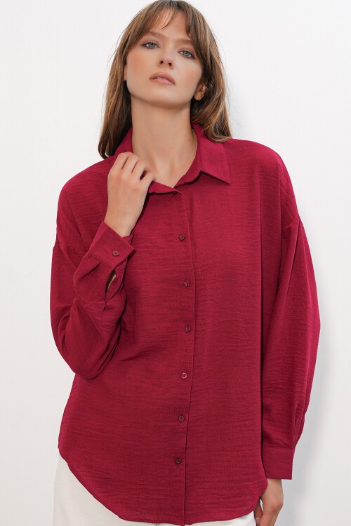 Kadın Oversize Keten Gömlek 20338 - Bordo
