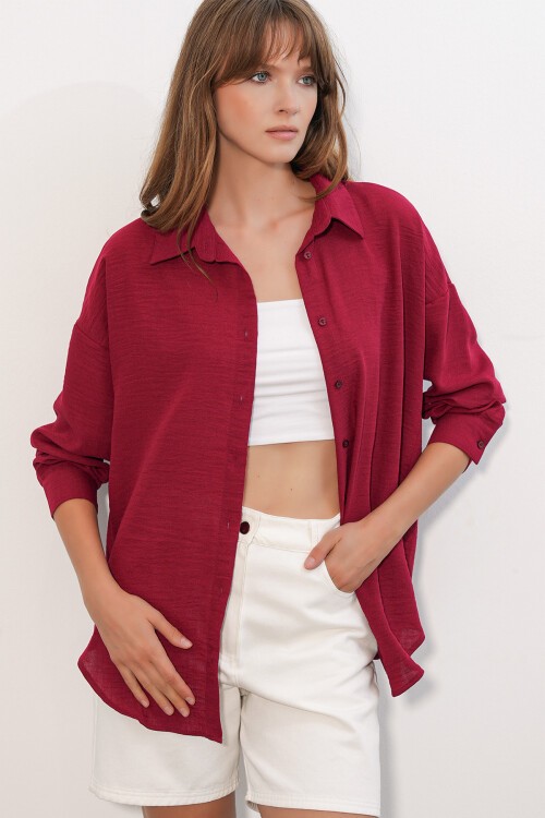 Kadın Oversize Keten Gömlek 20338 - Bordo