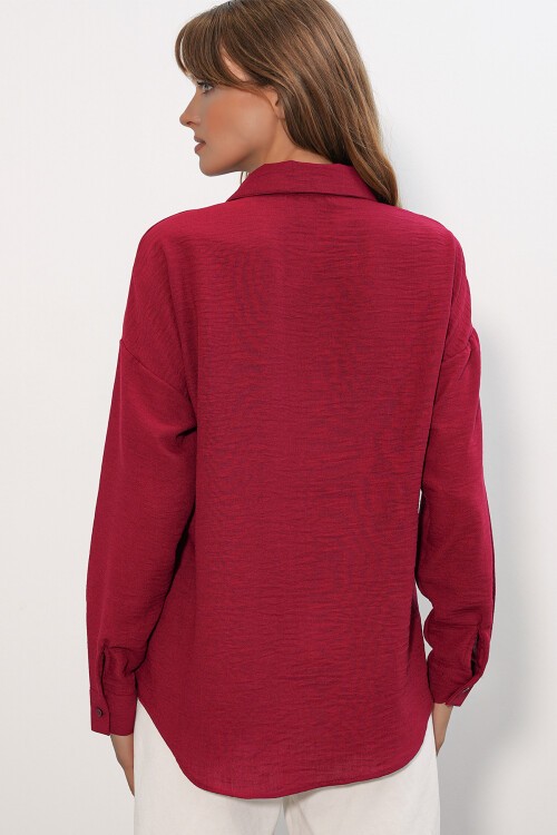 Kadın Oversize Keten Gömlek 20338 - Bordo
