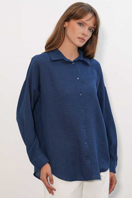 Kadın Oversize Keten Gömlek 20338 - Lacivert