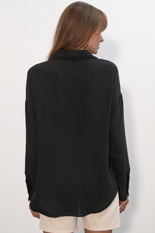 Kadın Oversize Keten Gömlek 20338 - Siyah
