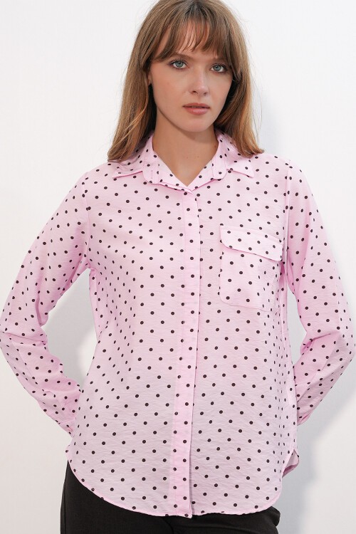 Kadın Tek Cepli Puantiyeli Oversize Gömlek 20399 - Pembe