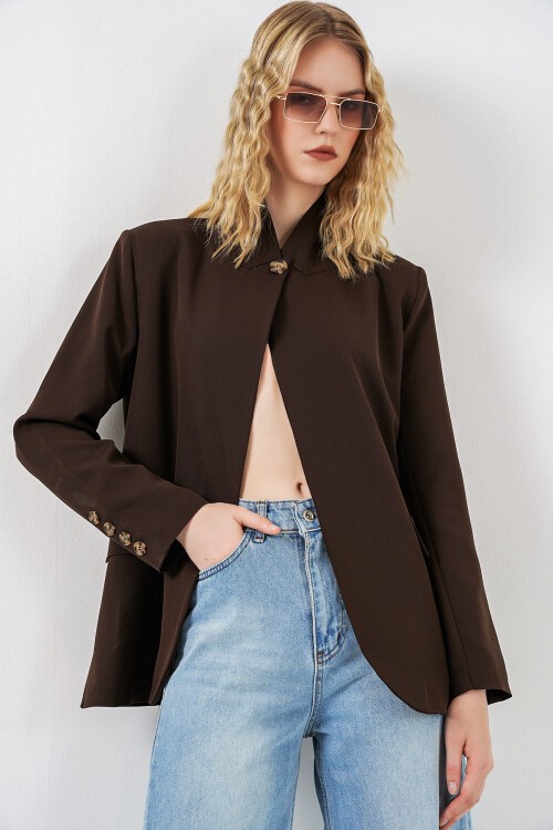 Kadın Tek Düğmeli Oversize Blazer Ceket 0749 - Kahverengi