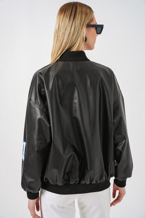 Merterium 0698 Baskılı Suni Deri Bomber Ceket - Bordo