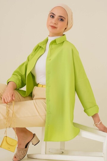 Merterium 103901 Oversize Basic Tesettür Gömlek - G.Yeşil