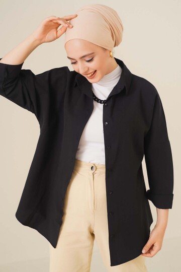 Merterium 103901 Oversize Basic Tesettür Gömlek - Siyah