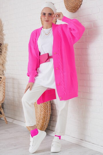 Merterium 15768 Tesettür Triko Hırka - Fuşya