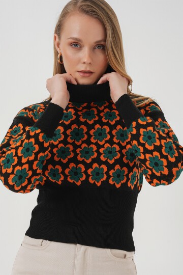 Merterium 15801 Boğazlı Desenli Crop Kazak - Oranje