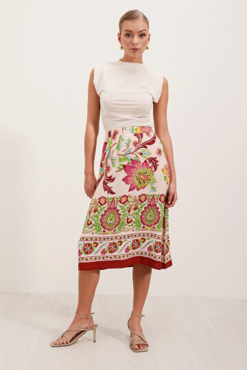 Merterium 1899 Desenli Midi Etek - Bordo