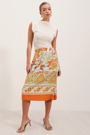 Merterium 1899 Desenli Midi Etek - Turuncu