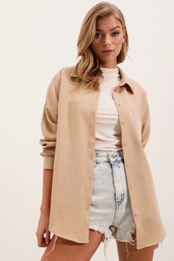 Merterium 20153 Tek Cepli Oversize Keten Gömlek - A.Bej