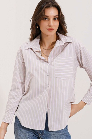 Merterium 20205 Çizgili Oversize Gömlek - Krem