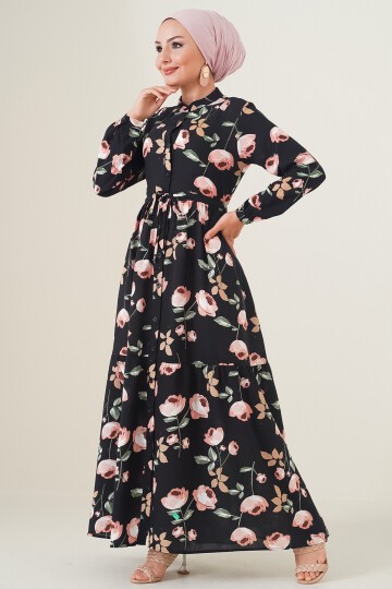 Merterium 2144 Hakim Yaka Tesettür Elbise - E.Siyah