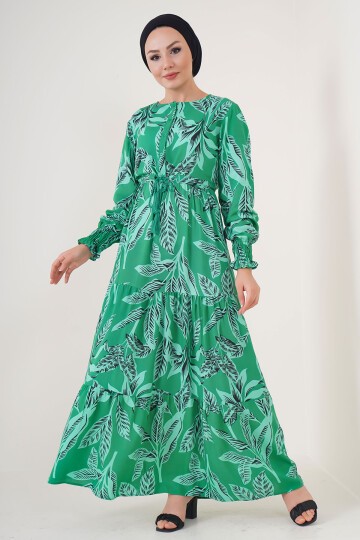 Merterium 2145 Desenli Tesettür Elbise - Yeşil