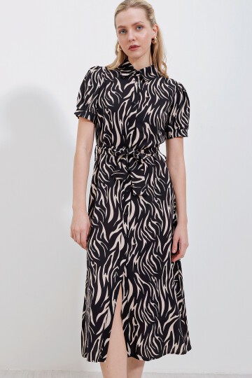 Merterium 2213 Kısa Kol Viskon Elbise - Bej