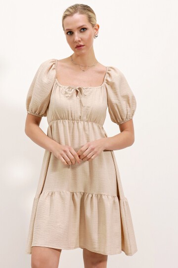 Merterium 2351 Kloş Poplin Elbise - Krem