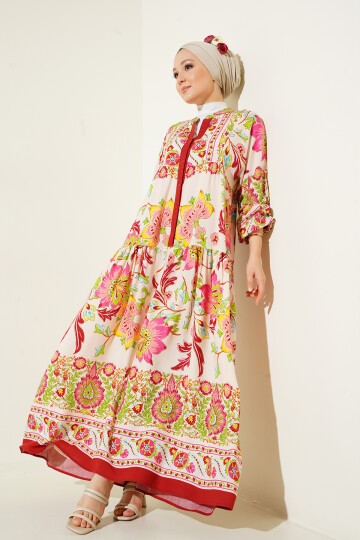 Merterium 2423 Otantik Desenli Tesettür Elbise - Y.Bordo