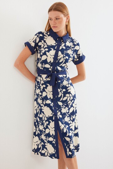 Merterium 2455 Desenli Gömlek Elbise - Lacivert