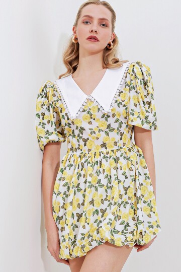 Merterium 2478 Çiçekli Mini Elbise - Sarı