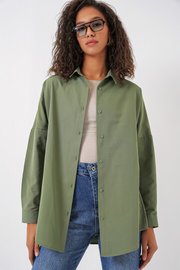 Merterium 3900 Oversize Uzun Basic Gömlek - A.Haki