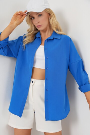 Merterium 3900 Oversize Uzun Basic Gömlek - B.Mavi