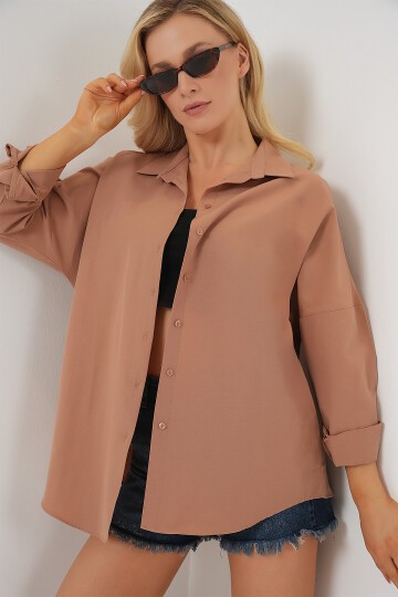 Merterium 3900 Oversize Uzun Basic Gömlek - Camel