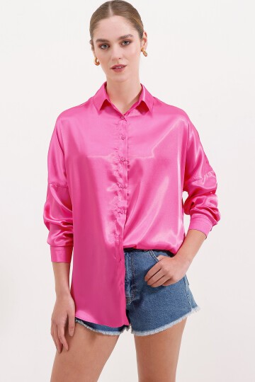 Merterium 3985 Oversize Saten Gömlek - Fuşya