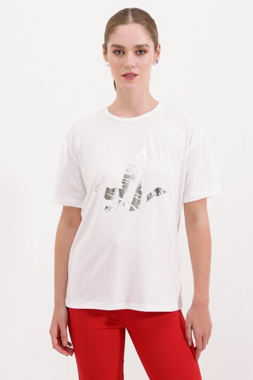 Merterium 4317 Bisiklet Yaka Baskılı Tişört - Gümüş