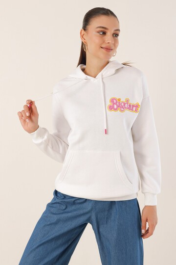 Merterium 55424 Nakışlı Oversize Sweatshirt - Beyaz