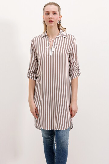 Merterium 5613 Yaka Bağcıklı Çizgili Tunik - Vizon