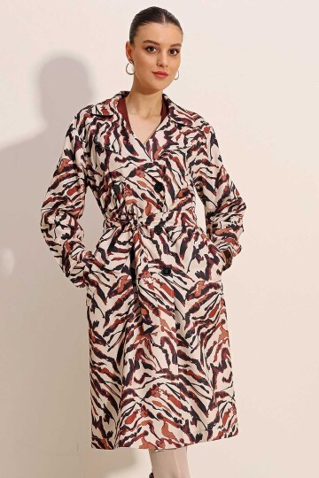 Merterium 5853 Desenli Kruvaze Yaka Trençkot - C. Bej