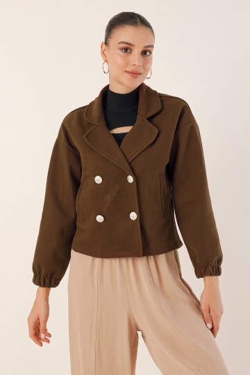 Merterium 9117 Kruvaze Yaka Crop Ceket - Kahverengi