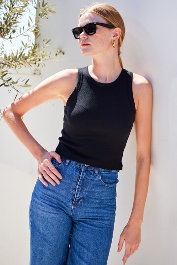 Merterium 917 Bisiklet Yaka Fitilli Kolsuz Bluz - Siyah