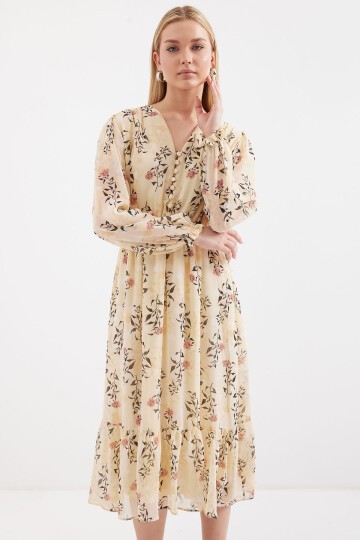Merterium Bigdart 2137 Desenli Şifon Elbise - Krem