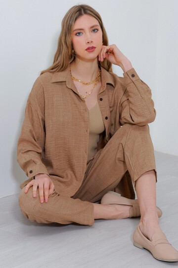 Merterium Kadın Camel Oversize Keten Alt Üst Takım 6622