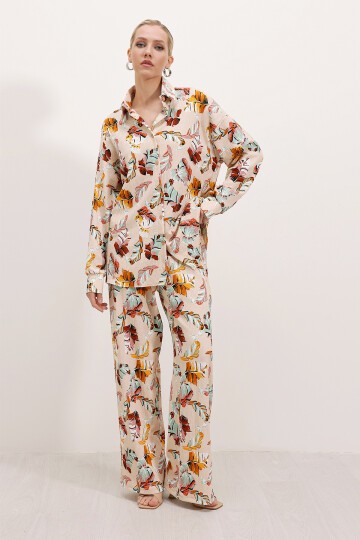 Merterium Kadın Krem Desenli Örme İkili Takım 5858