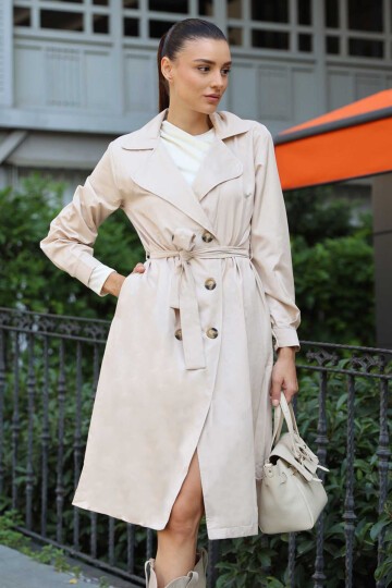 Merterium Kadın Kruvaze Yaka Trençkot - Bej