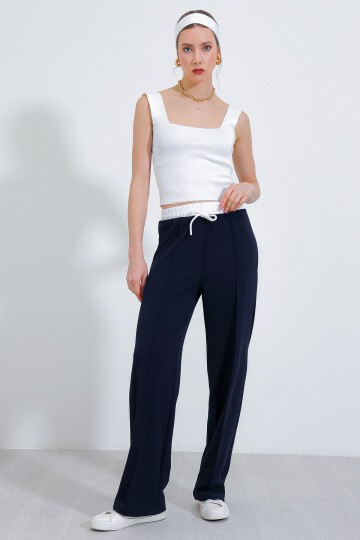 Merterium Kadın Lacivert Bol Paça Çımalı Pantolon 6662