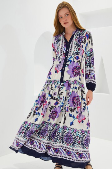 Merterium Kadın Lacivert Mor Viskon Tesettür Elbise 2423