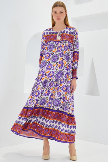 Merterium Kadın Mor Kiremit Desenli Uzun Viskon Elbise 1947
