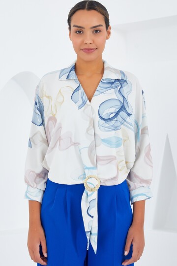 Merterium Kadın Oversize Dökümlü Crop Saten Gömlek 906 - Mavi