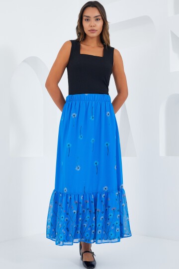 Merterium Kadın Saks Desenli Şifon Etek 8010