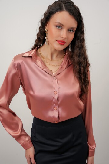 Merterium Kadın Saten Gömlek Geniş Beden Aralığı - Camel