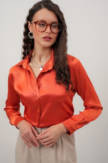 Merterium Kadın Saten Gömlek Geniş Beden Aralığı - Oranje