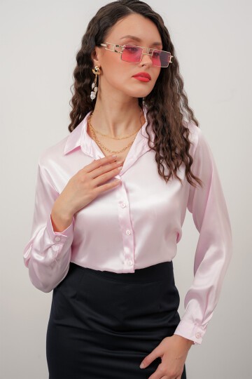 Merterium Kadın Saten Gömlek Geniş Beden Aralığı - Pembe