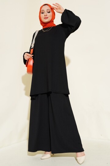 Merterium Kadın Siyah Tunik Pantolon Alt Üst Takım 6663