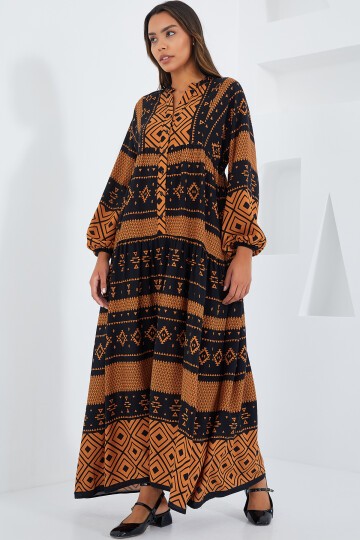 Merterium Kadın Taba Siyah Viskon Tesettür Elbise 2423