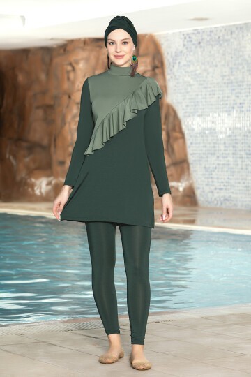 Merterium Kadın Tam Kapalı Likralı Haki Tesettür Mayo 15870