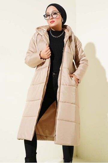 Merterium T5120 Kapşonlu Uzun Şişme Tesettür Mont - Vizon