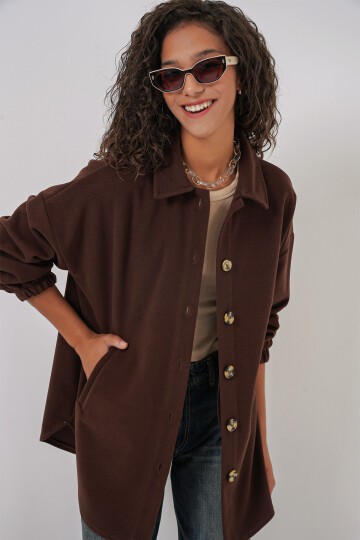 Merterium 0674 Cepli Oversize Gömlek - C. Kahverengi